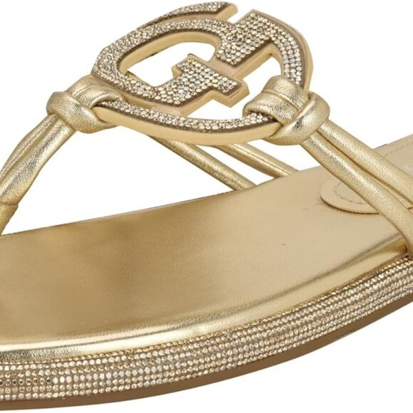 Women's Gold Crystal Flat Sandal Synthetic Rubber Slip-On Open Toe Casual - Picture 1 of 6